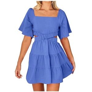 Women’s Square Neck Short Sleeve Crossover Elastic Waist Cutout Ruffle Dress